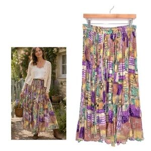 Vintage 90’s Multi Color Patchwork Pull on Maxi Skirt Broom Skirt Size Medium